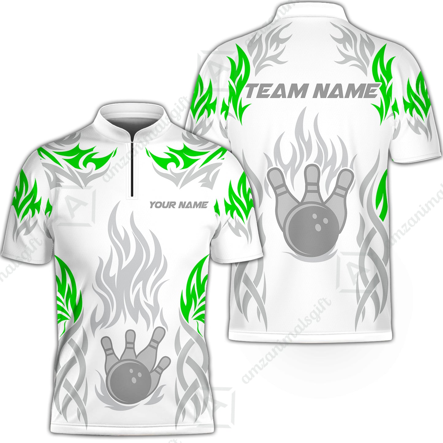 Personalized Bowling Jersey, Tribal And Bowling Flame Multi Option Customized Stand Collar Quarter-Zip Shirt - White