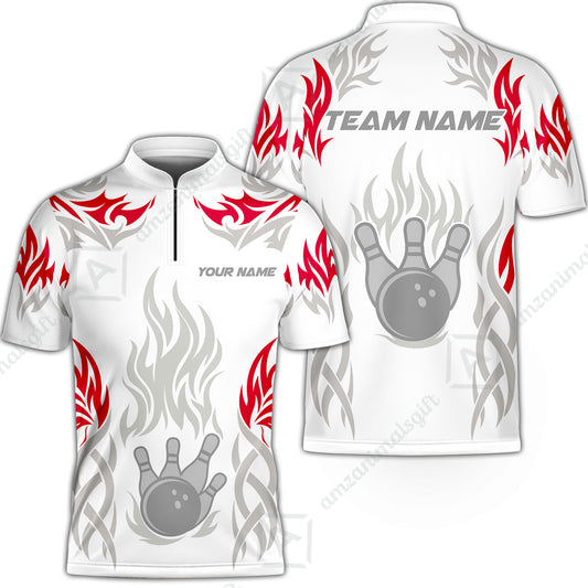 Personalized Bowling Jersey, Tribal And Bowling Flame Multi Option Customized Stand Collar Quarter-Zip Shirt - White