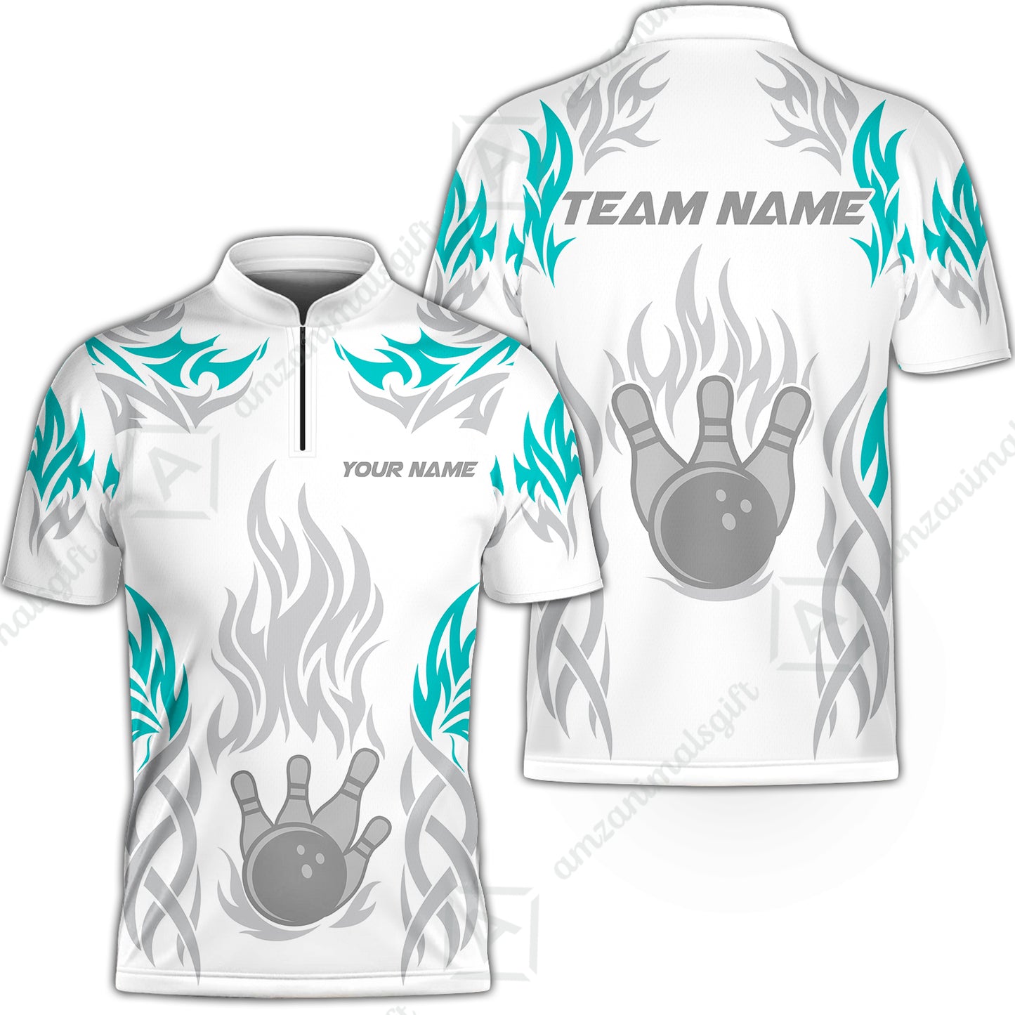 Personalized Bowling Jersey, Tribal And Bowling Flame Multi Option Customized Stand Collar Quarter-Zip Shirt - White