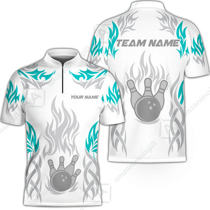 Personalized Bowling Jersey, Tribal And Bowling Flame Multi Option Customized Stand Collar Quarter-Zip Shirt - White