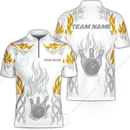 Personalized Bowling Jersey, Tribal And Bowling Flame Multi Option Customized Stand Collar Quarter-Zip Shirt - White