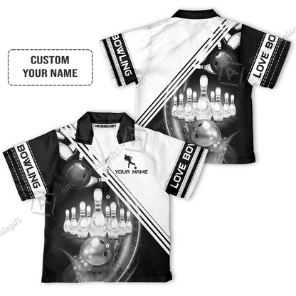 Personalized Bowling Kid Youth T-Shirt, Black And White Bowling The Pins And Ball Children's Shirt For Son, Daughter, Family