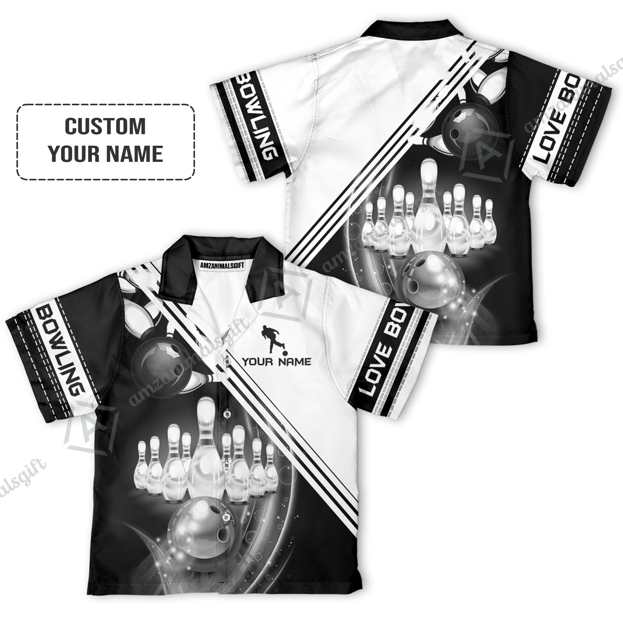 Personalized Bowling Youth Hawaiian Shirt, Black And White Bowling The Pins And Ball Children's Shirt For Son, Daughter, Family