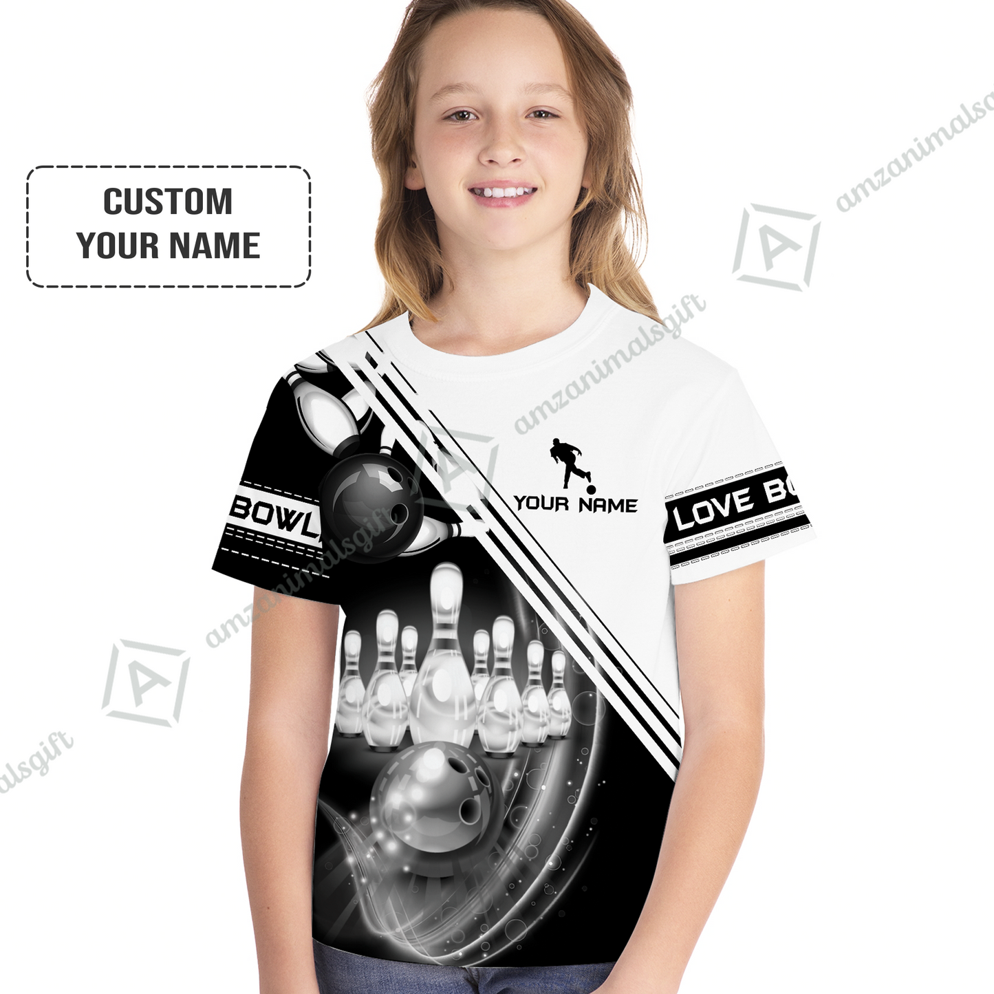 Personalized Bowling Kid Youth T-Shirt, Black And White Bowling The Pins And Ball Children's Shirt For Son, Daughter, Family