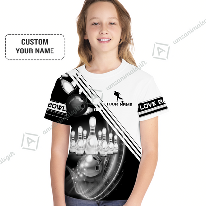 Personalized Bowling Youth Hawaiian Shirt, Black And White Bowling The Pins And Ball Children's Shirt For Son, Daughter, Family