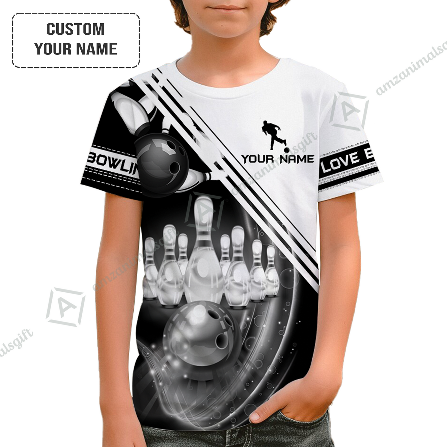Personalized Bowling Kid Youth T-Shirt, Black And White Bowling The Pins And Ball Children's Shirt For Son, Daughter, Family