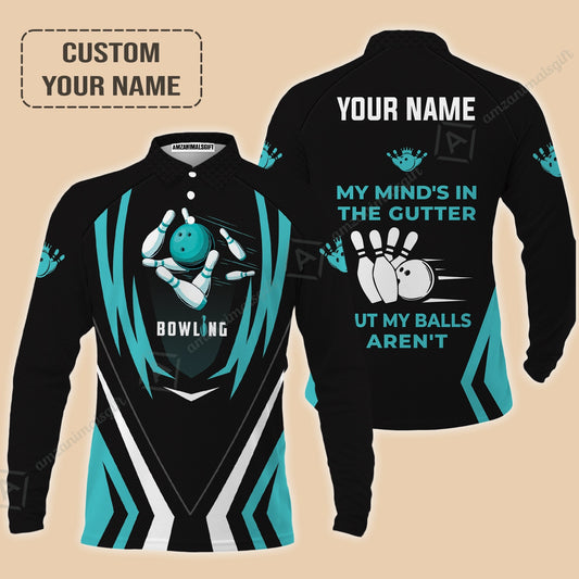 Personalized Bowling Long Polo Shirt, Light Blue Bowling Customized Shirt My Mind's In The Gutter For Friend, Family, Bowling Lovers