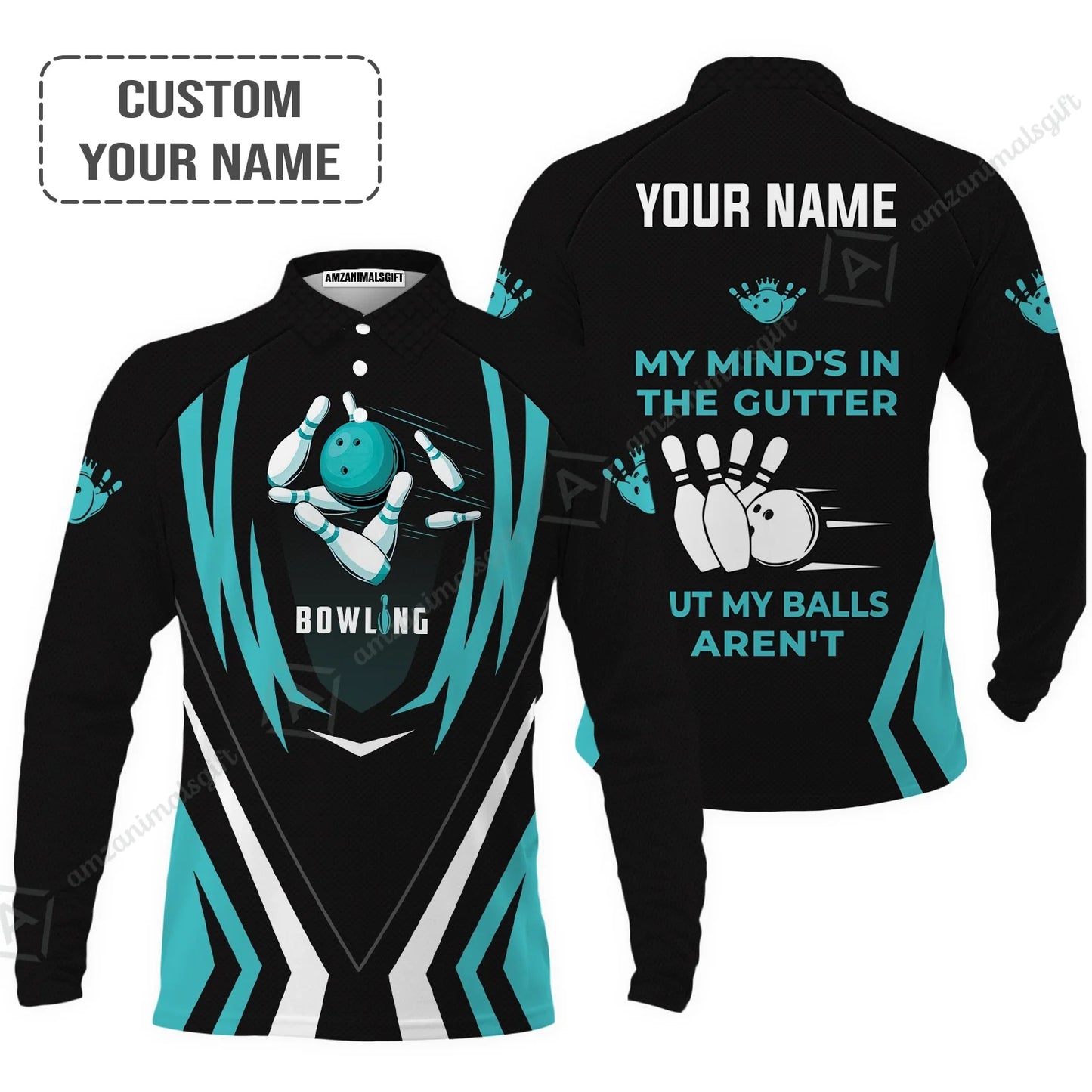 Personalized Bowling Jersey, Light Blue Bowling Customized Shirt My Mind's In The Gutter For Friend, Family, Bowling Lovers