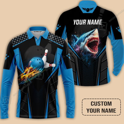 Personalized Bowling Long Sleeve Polo Shirt, Shark Team Blue Bowling Ball Customized Shirt For Friend, Family, Bowling Players