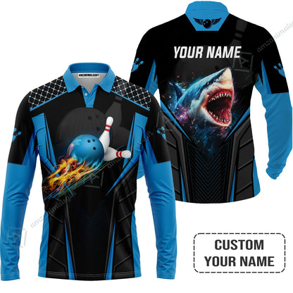 Personalized Bowling Jersey, Shark Team Blue Bowling Ball Customized Shirt For Friend, Family, Bowling Players