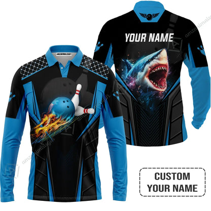 Personalized Bowling Hoodie, Shark Team Blue Bowling Ball Customized Shirt For Friend, Family, Bowling Players