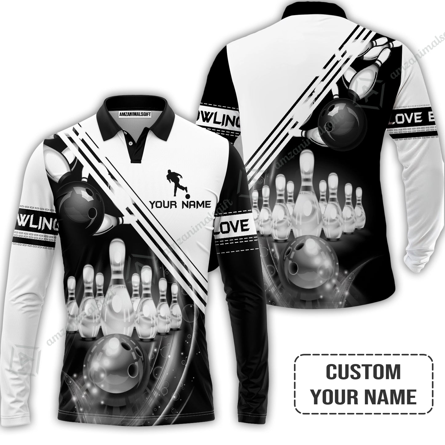 Personalized Bowling Women Polo Shirt, Black And White Bowling The Pins And Ball Shirt For Friend, Family, Bowling Lovers