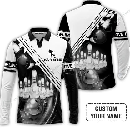 Personalized Bowling Jersey, Black And White Bowling The Pins And Ball Customized Shirt For Friend, Family, Bowling Lovers