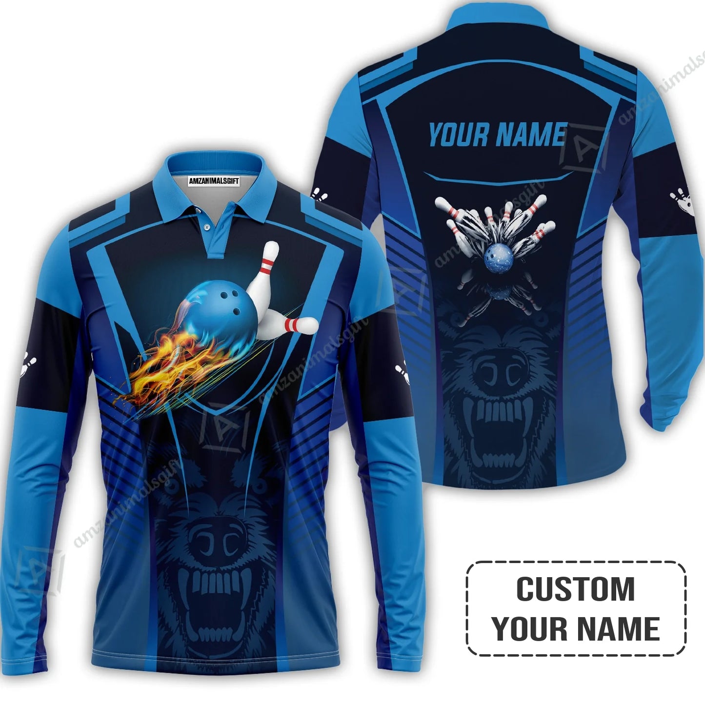 Personalized Bowling Jersey, The Wolf Blue Bowling Team Customized Polo Shirt For Friend, Family, Bowling Players