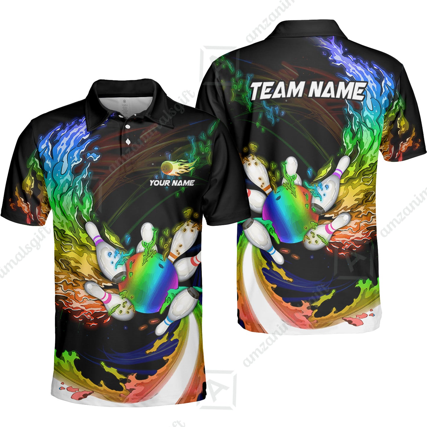 Personalized Bowling Polo Shirt Breath Of Flaming Bowling Ball And Pins Multicolor Option Custom Name, Team Name For Bowlers