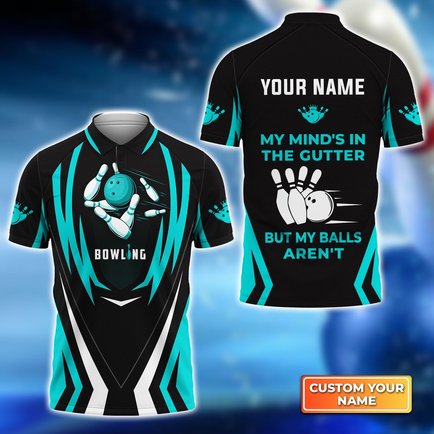 Personalized Bowling Women Polo Shirt, Light Blue Bowling My Mind's In The Gutter Customized Polo Shirt For Friend, Family, Bowling Lovers