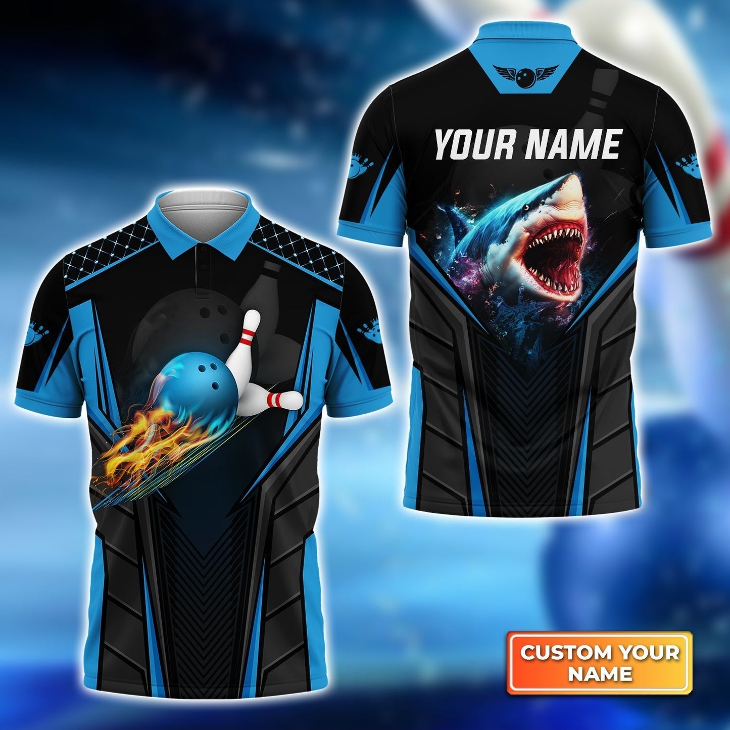 Personalized Bowling Hoodie, Shark Team Blue Bowling Ball Customized Shirt For Friend, Family, Bowling Players
