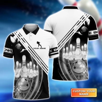 Personalized Bowling Women Polo Shirt, Black And White Bowling The Pins And Ball Shirt For Friend, Family, Bowling Lovers
