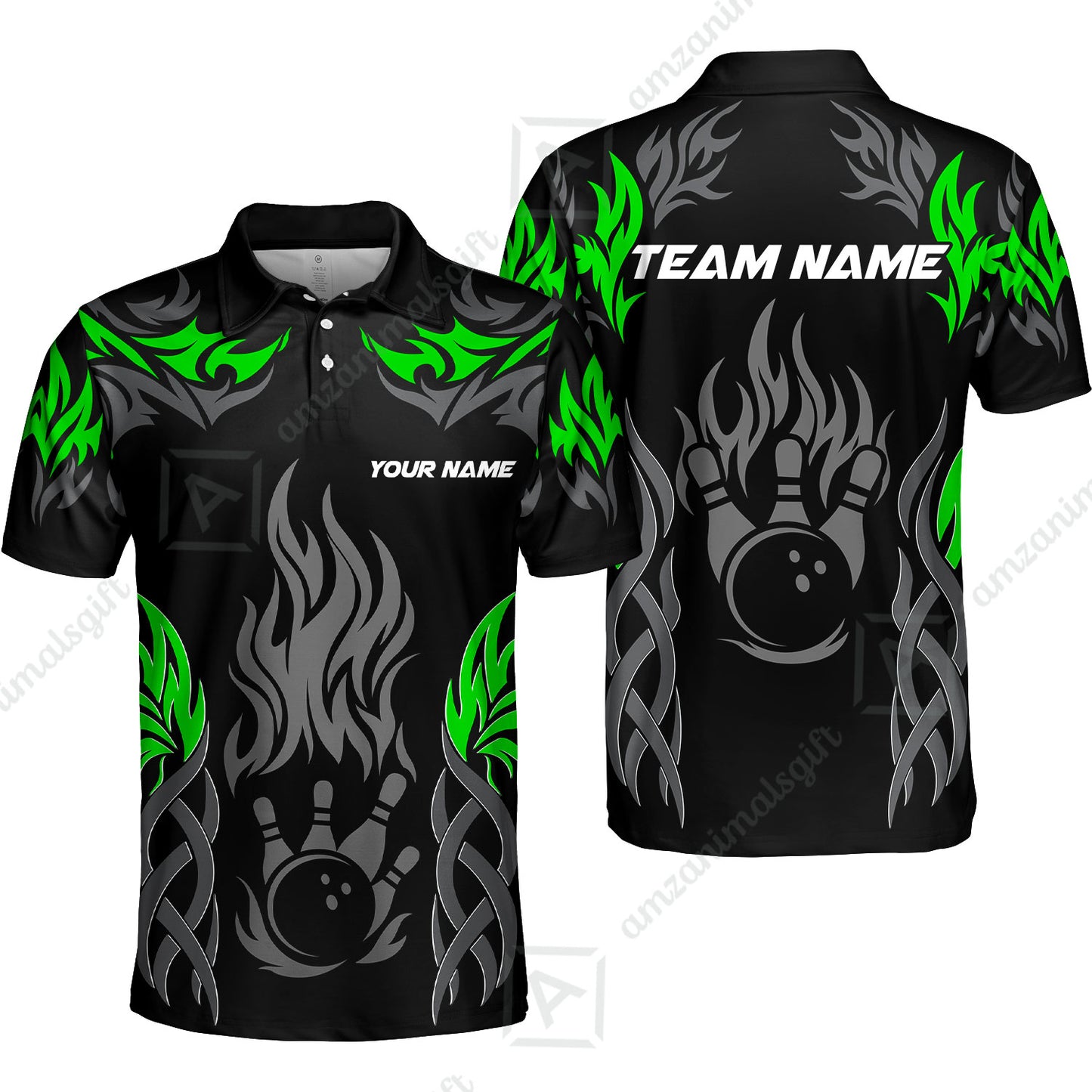Personalized Bowling Unisex Polo Shirt, Tribal And Bowling Flame Multi Option Customized Polo Shirt - Black