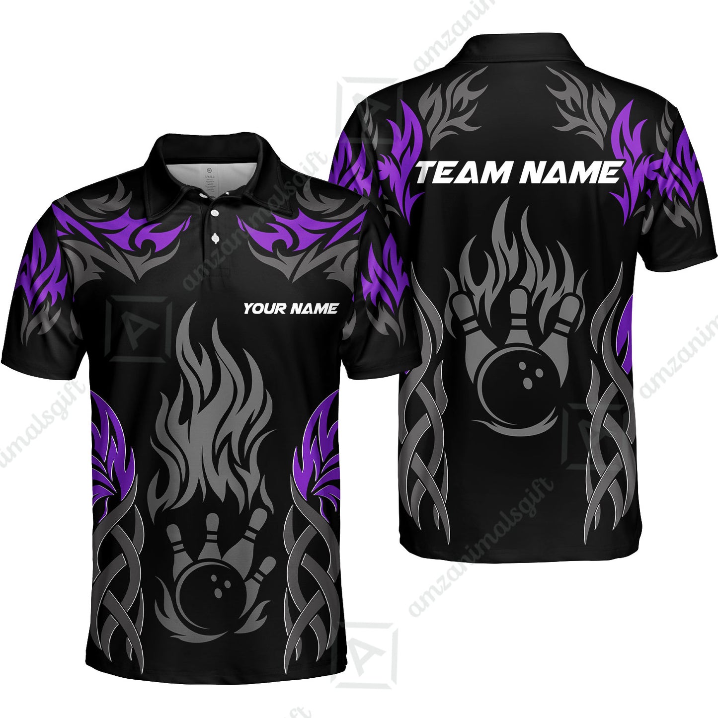Personalized Bowling Unisex Polo Shirt, Tribal And Bowling Flame Multi Option Customized Polo Shirt - Black