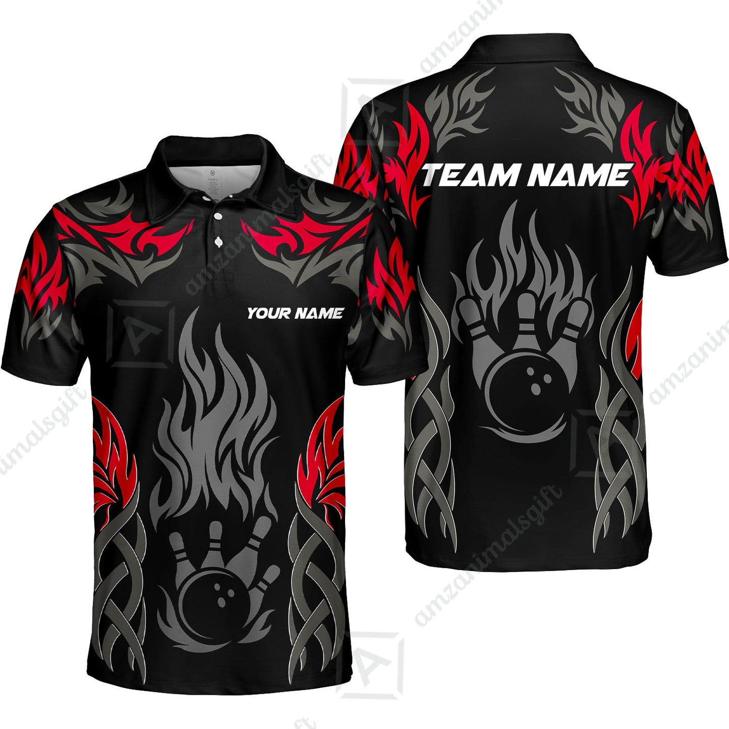 Personalized Bowling Unisex Polo Shirt, Tribal And Bowling Flame Multi Option Customized Polo Shirt - Black