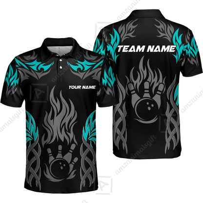 Personalized Bowling Unisex Polo Shirt, Tribal And Bowling Flame Multi Option Customized Polo Shirt - Black