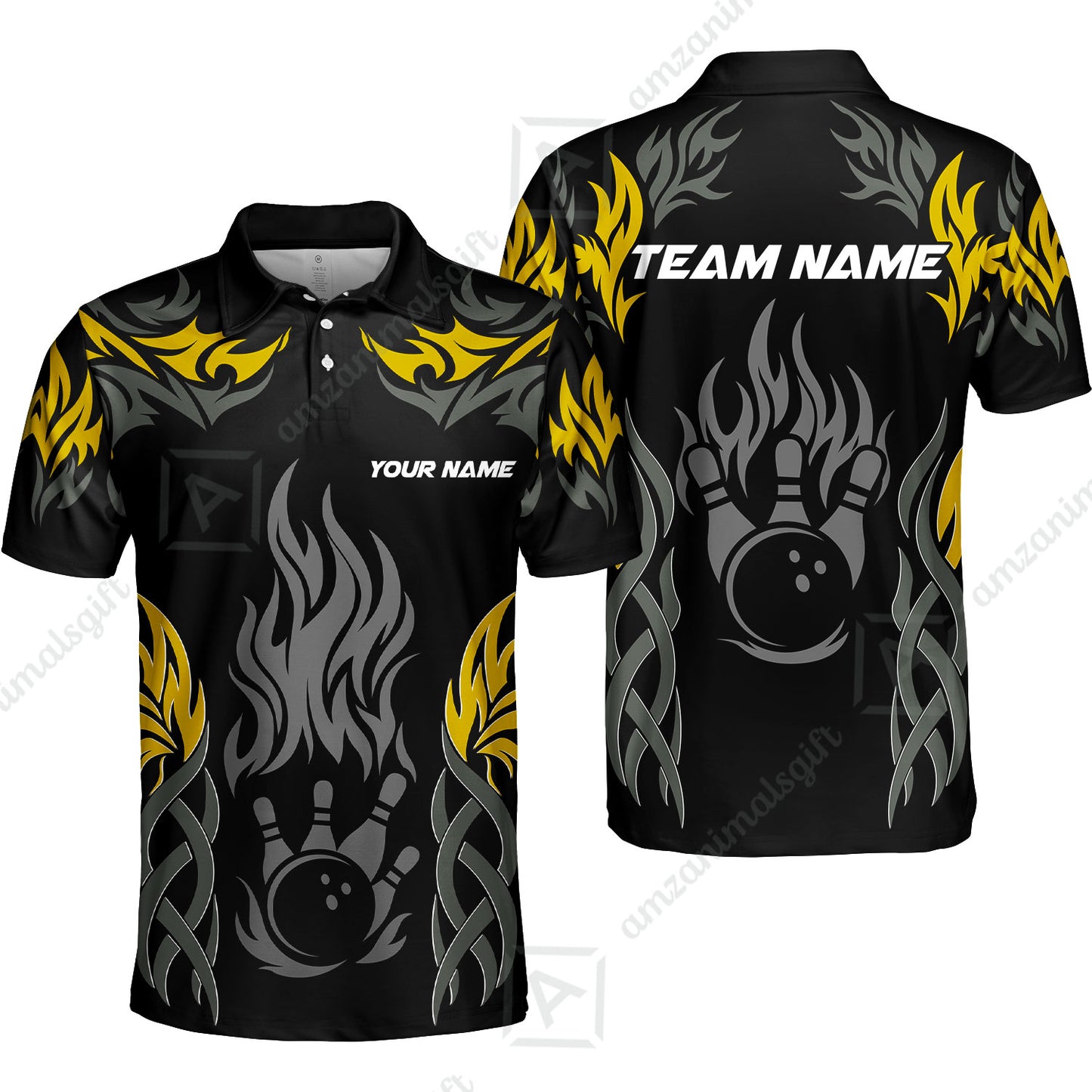 Personalized Bowling Unisex Polo Shirt, Tribal And Bowling Flame Multi Option Customized Polo Shirt - Black