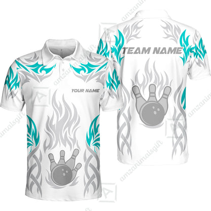 Personalized Bowling Team Unisex Polo Shirt, Tribal And Bowling Flame Multi Option Customized Polo Shirt - White