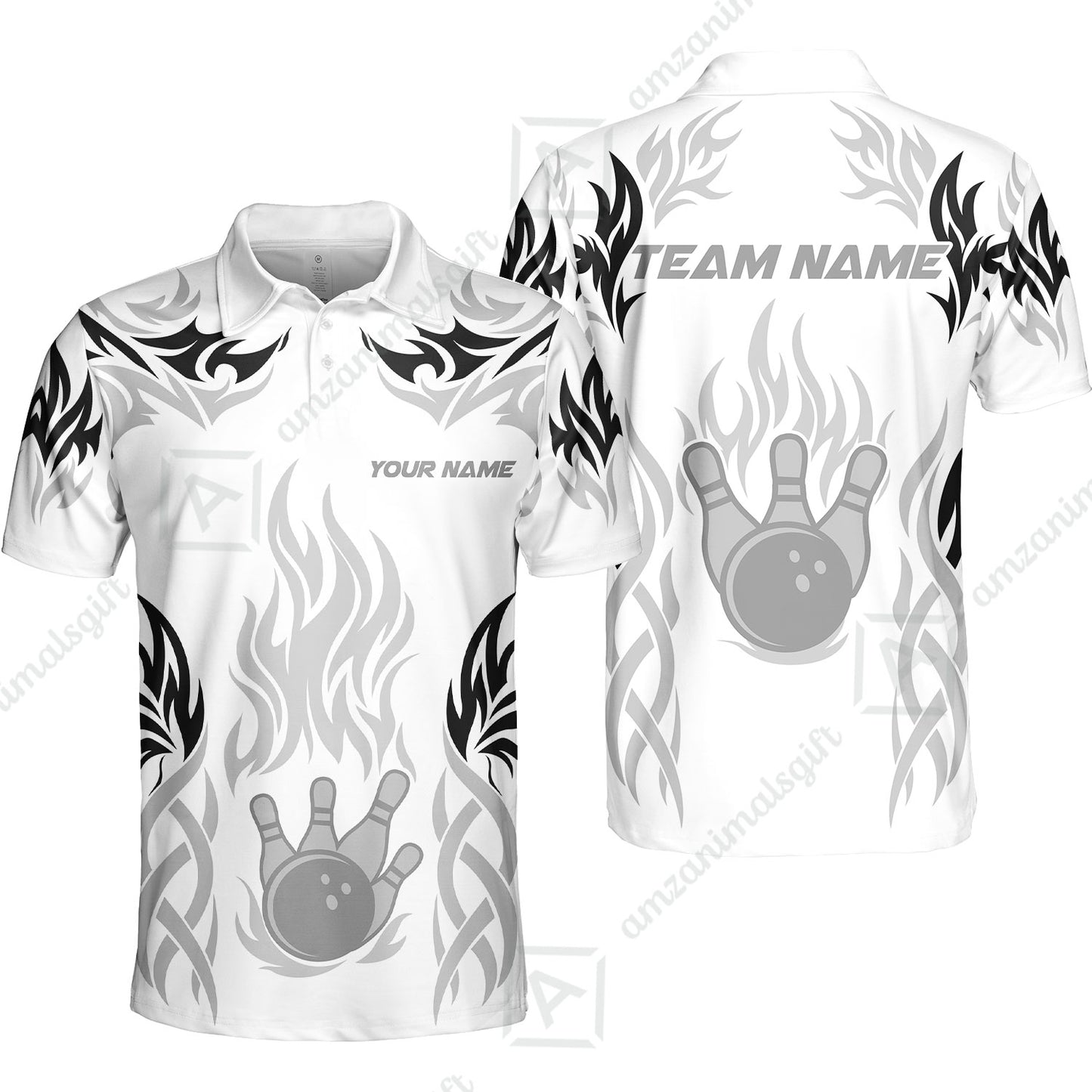 Personalized Bowling Team Unisex Polo Shirt, Tribal And Bowling Flame Multi Option Customized Polo Shirt - White