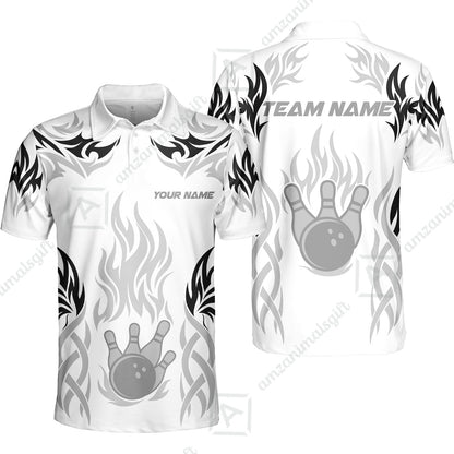 Personalized Bowling Team Unisex Polo Shirt, Tribal And Bowling Flame Multi Option Customized Polo Shirt - White
