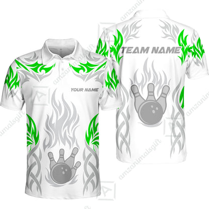 Personalized Bowling Team Unisex Polo Shirt, Tribal And Bowling Flame Multi Option Customized Polo Shirt - White