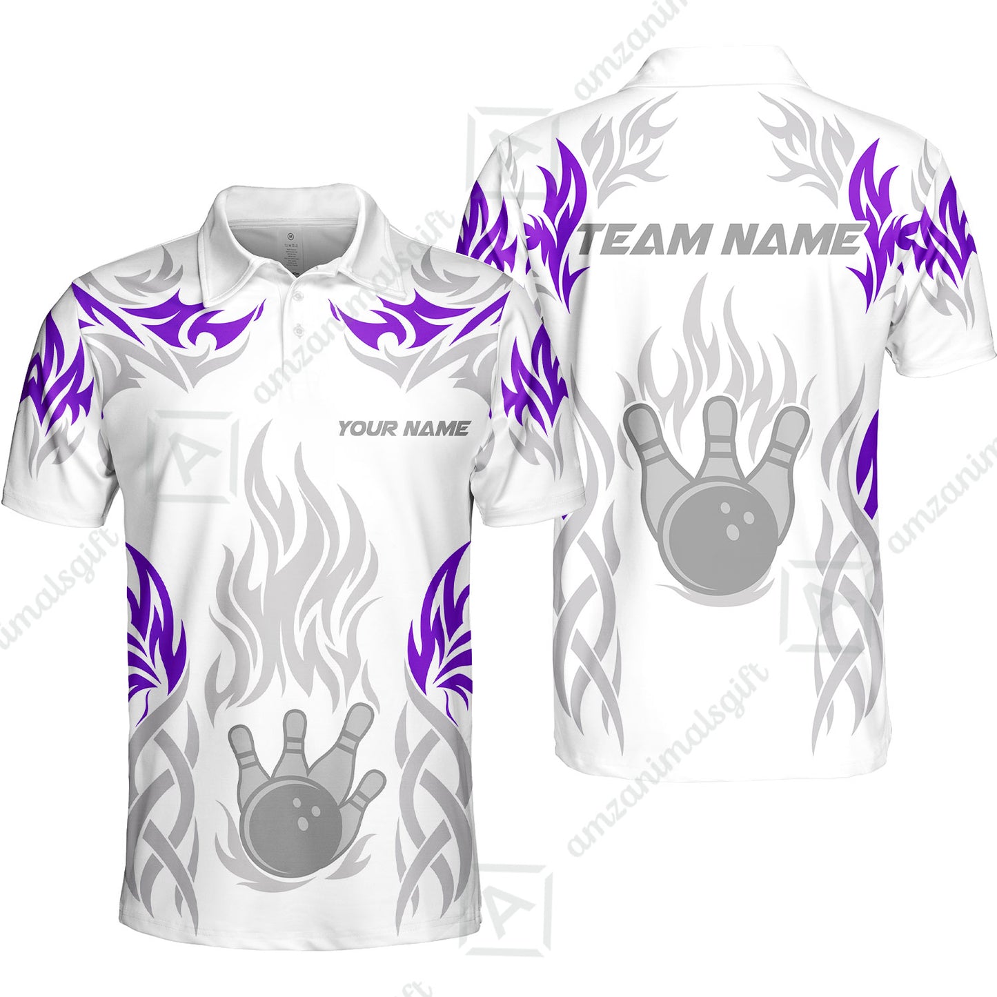 Personalized Bowling Team Unisex Polo Shirt, Tribal And Bowling Flame Multi Option Customized Polo Shirt - White