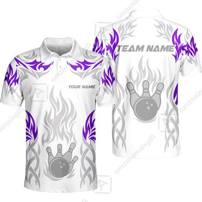 Personalized Bowling Team Unisex Polo Shirt, Tribal And Bowling Flame Multi Option Customized Polo Shirt - White