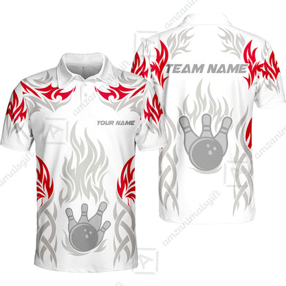 Personalized Bowling Team Unisex Polo Shirt, Tribal And Bowling Flame Multi Option Customized Polo Shirt - White