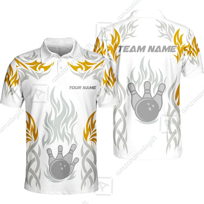 Personalized Bowling Team Unisex Polo Shirt, Tribal And Bowling Flame Multi Option Customized Polo Shirt - White