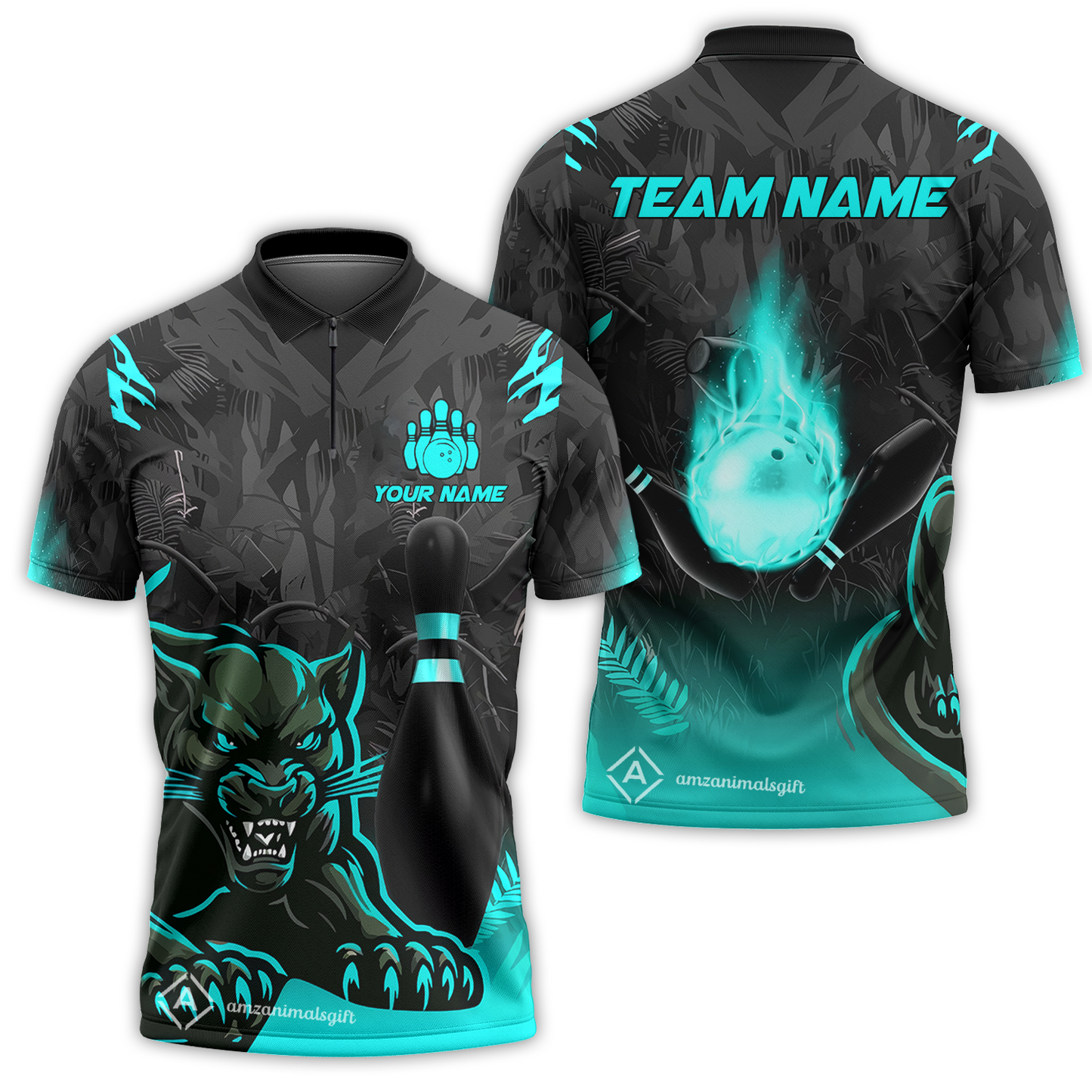 Personalized Bowling Quarter-Zip Polo Shirt With Black Panther And Pin, Custom Name And Team Name For Bowlers