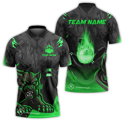 Personalized Bowling Quarter-Zip Polo Shirt With Black Panther And Pin, Custom Name And Team Name For Bowlers