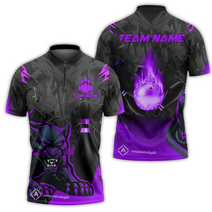 Personalized Bowling Quarter-Zip Polo Shirt With Black Panther And Pin, Custom Name And Team Name For Bowlers
