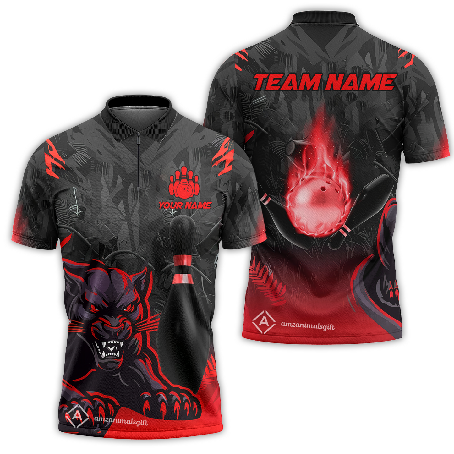 Personalized Bowling Quarter-Zip Polo Shirt With Black Panther And Pin, Custom Name And Team Name For Bowlers
