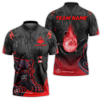 Personalized Bowling Quarter-Zip Polo Shirt With Black Panther And Pin, Custom Name And Team Name For Bowlers