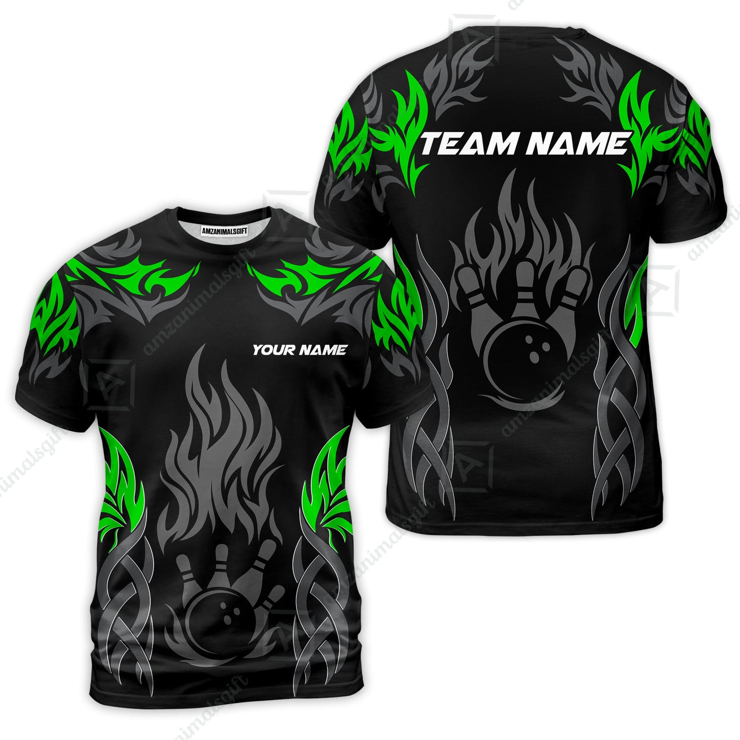 Personalized Bowling Team T-Shirt, Tribal And Bowling Flame Multi Option Customized Shirt - Black