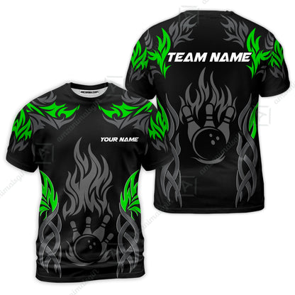 Personalized Bowling Team T-Shirt, Tribal And Bowling Flame Multi Option Customized Shirt - Black