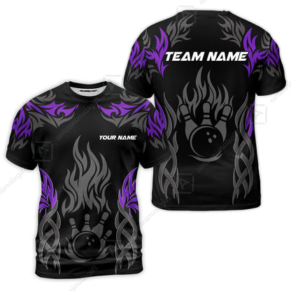 Personalized Bowling Team T-Shirt, Tribal And Bowling Flame Multi Option Customized Shirt - Black