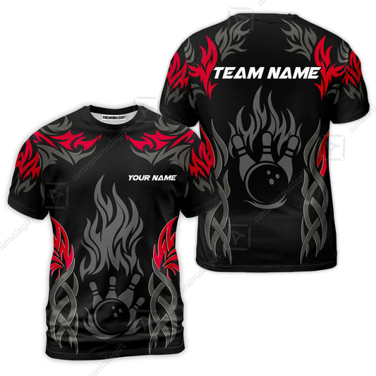Personalized Bowling Team T-Shirt, Tribal And Bowling Flame Multi Option Customized Shirt - Black