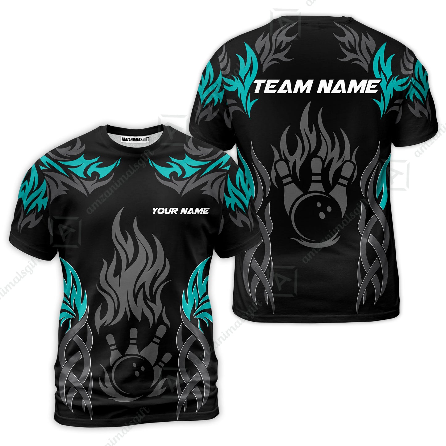 Personalized Bowling Team T-Shirt, Tribal And Bowling Flame Multi Option Customized Shirt - Black