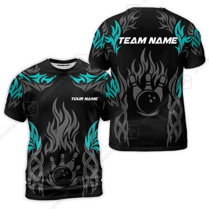 Personalized Bowling Team T-Shirt, Tribal And Bowling Flame Multi Option Customized Shirt - Black