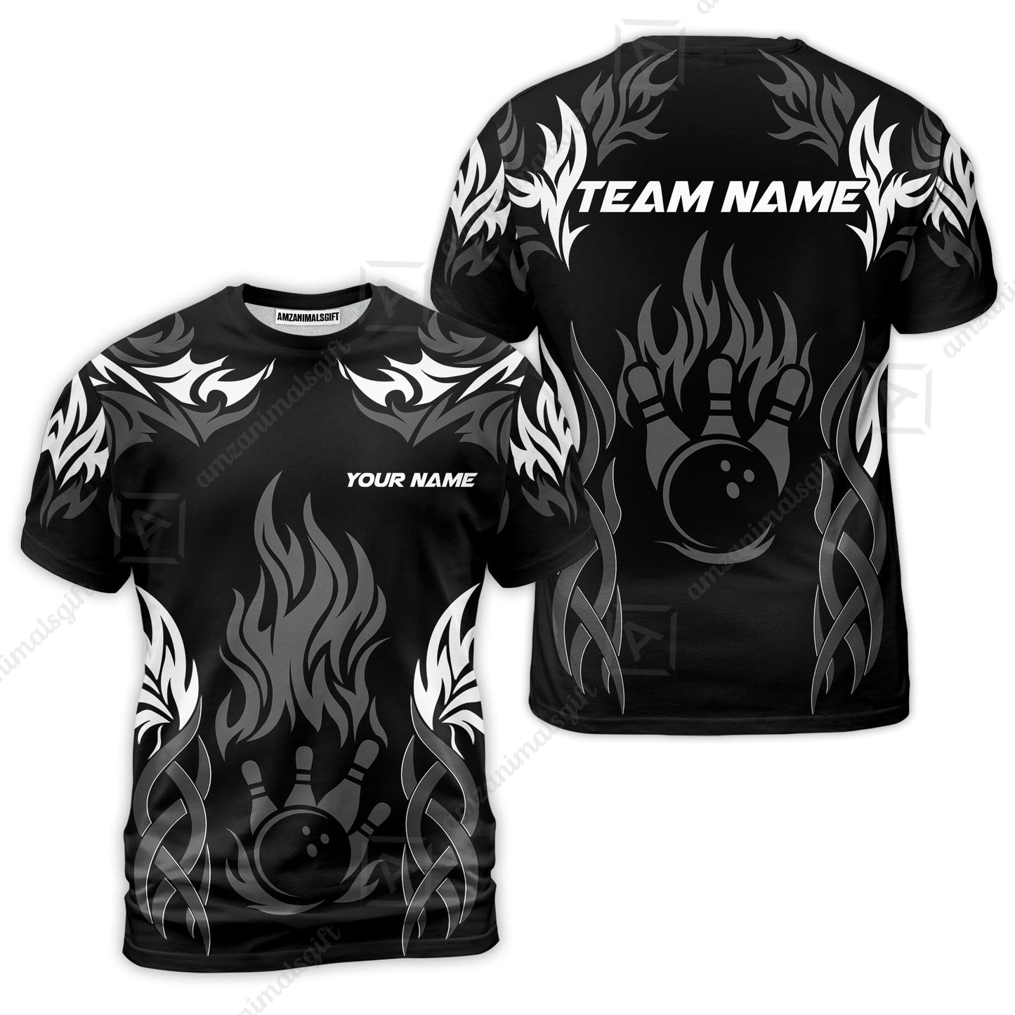 Personalized Bowling Team T-Shirt, Tribal And Bowling Flame Multi Option Customized Shirt - Black