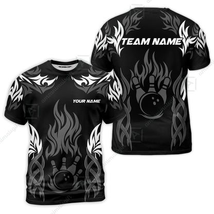 Personalized Bowling Team T-Shirt, Tribal And Bowling Flame Multi Option Customized Shirt - Black