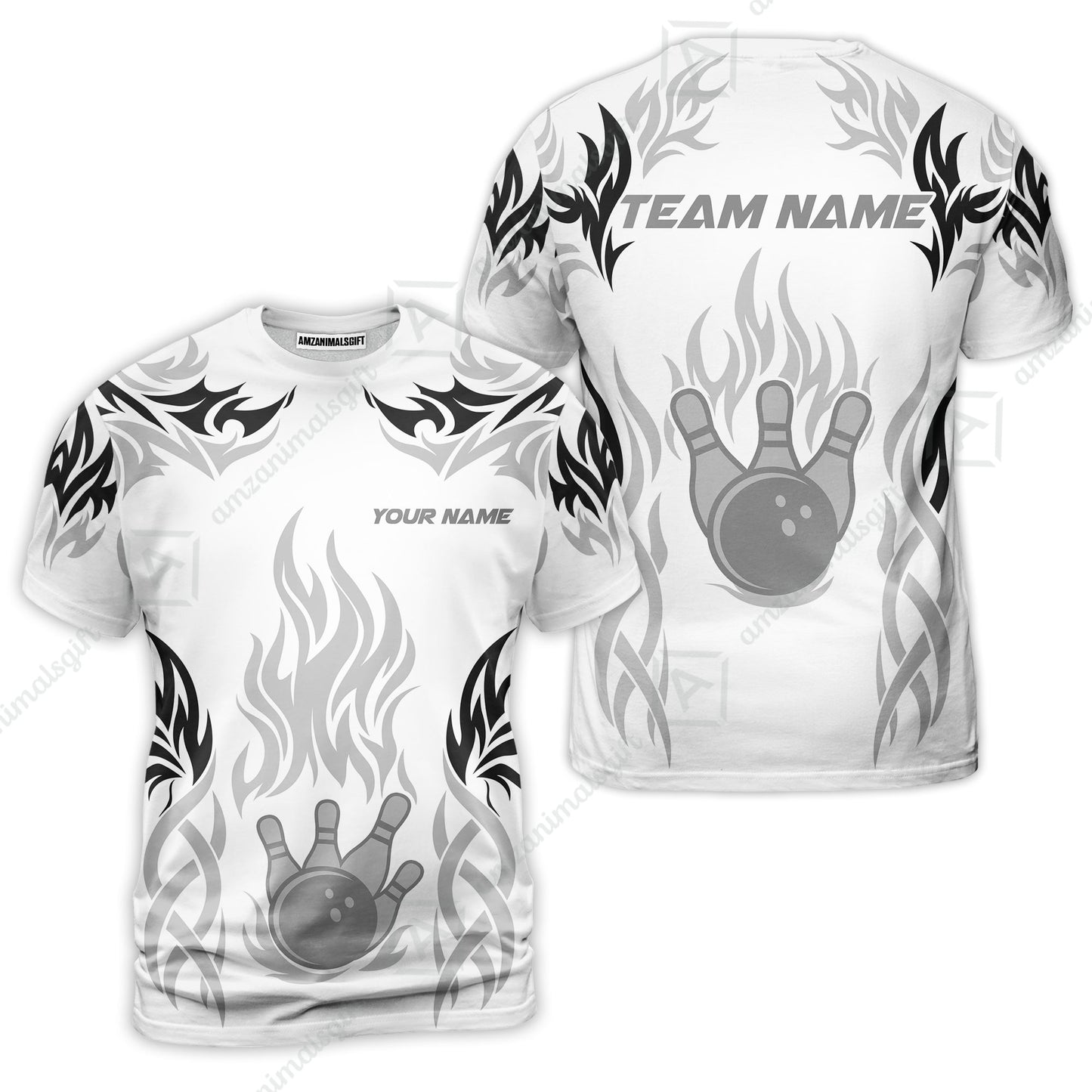 Personalized Bowling Team T-Shirt, Tribal And Bowling Flame Multi Option Customized Shirt - White