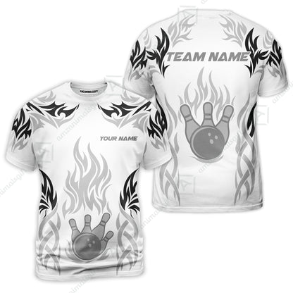 Personalized Bowling Team T-Shirt, Tribal And Bowling Flame Multi Option Customized Shirt - White